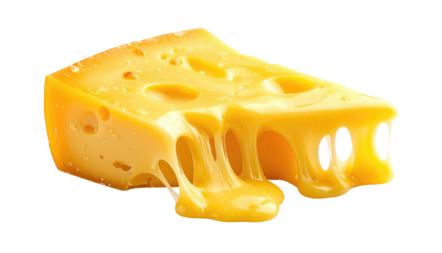 A triangular chunk of Swiss cheese with large holes, appearing melted and sticky. Black background