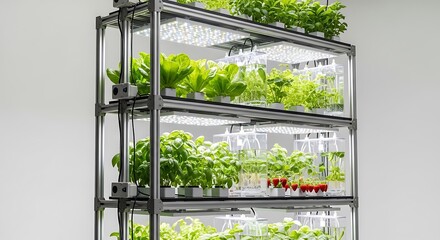 Vertical farming system with multiple shelves of fresh green plants growing under LED lights, showcasing modern agricultural technology and sustainable food production.