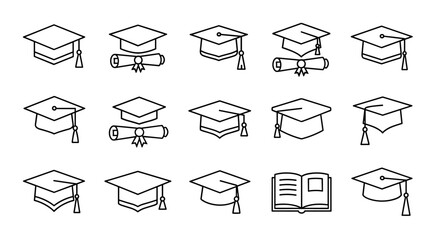 Collection of simple, isolated line icons representing academic square caps and diplomas, perfect for educational websites, books, cards, and apps. This editable stroke vector cartoon illustration