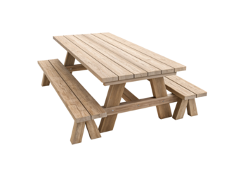 Wooden picnic table with integrated benches, angled side view showing crossed leg support structure and slatted surface, isolated on a transparent background