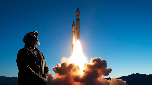 Man watching rocket launch at twilight. Countdown ticks as engine fires and plume rises. Space and aerospace teams monitor technology and innovation. Observer stands silhouetted near mountain and sky.