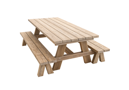 Wooden picnic table with integrated benches, angled side view showing crossed leg support structure and slatted surface, isolated on a transparent background