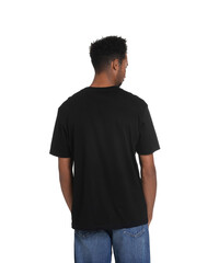 Fototapeta premium Man wearing black t-shirt on white background, back view. Mockup for design