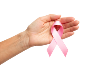 Hand holding pink ribbon for breast cancer awareness, palm presenting folded satin awareness symbol vertically, isolated on a transparent background