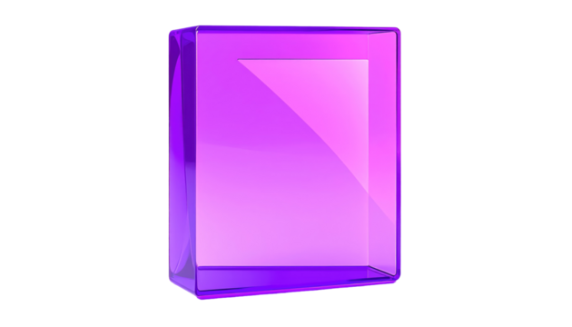 A translucent, violet rectangular block, subtly glossy, illuminated against a black background for dramatic effect