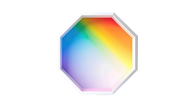 An octagon with rainbow gradient of colors, set against a black background, radiating a white glow effect - Powered by Adobe