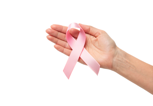 Hand holding pink ribbon symbolizing breast cancer awareness, fingers gently cradling awareness symbol for health campaigns, isolated on a transparent background