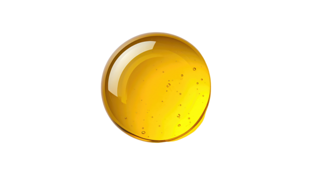 Glossy amber sphere with subtle internal bubbles, centered against a stark black backdrop highlighting its form - Powered by Adobe