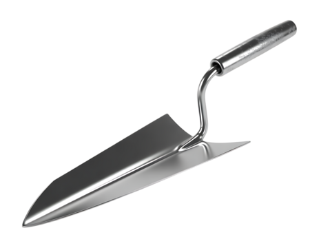 A metal trowel with a shiny handle, isolated on transparent background