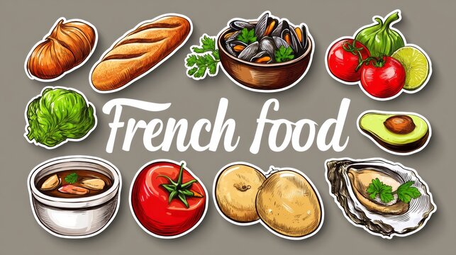 Bright stickers showcase a variety of French food items, including fresh vegetables, seafood, and baked goods. Perfect for adding a touch of culinary charm to any project or kitchen