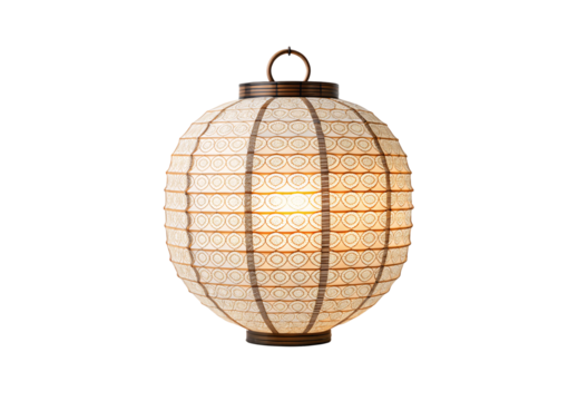 Decorative spherical paper lantern with ornate brown pattern design, isolated on a transparent background