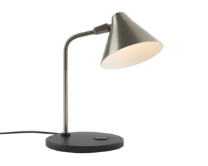 Modern metallic desk lamp with adjustable gooseneck and conical shade, isolated on transparent background