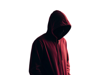Anonymous person wearing dark red hooded sweatshirt in shadowy lighting, isolated on a transparent background