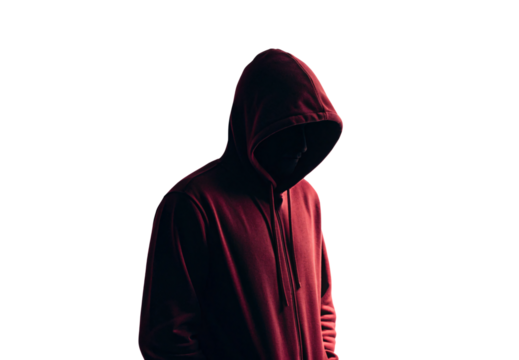 Anonymous person wearing dark red hooded sweatshirt in shadowy lighting, isolated on a transparent background