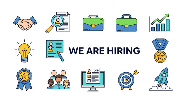 Vivid vector cartoon illustration set for recruitment and hiring, featuring a handshake, magnifying glass over document, briefcases, growth chart, lightbulb idea, candidate list, 'WE ARE HIRING'