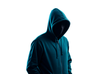 Person wearing teal blue zip-up hooded sweatshirt in dramatic lighting, isolated on a transparent background