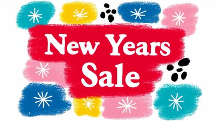 Colorful New Years Sale promotional illustration featuring vibrant brush strokes and playful patterns, showcasing festive elements and an engaging design, creating a lively atmosphere for celebration