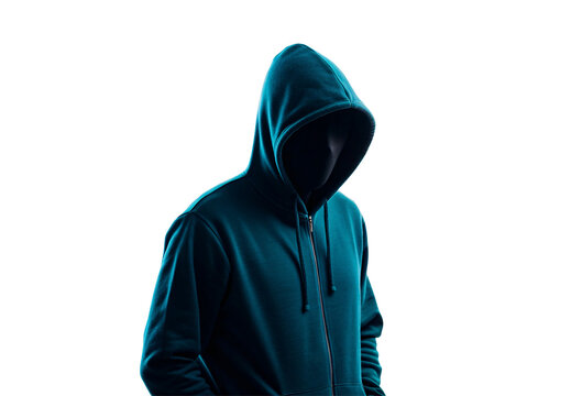 Person wearing teal blue zip-up hooded sweatshirt in dramatic lighting, isolated on a transparent background