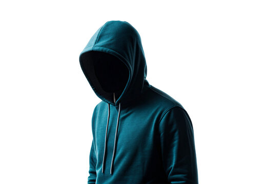 Anonymous individual in dark teal hoodie captured in moody atmospheric lighting, isolated on a transparent background