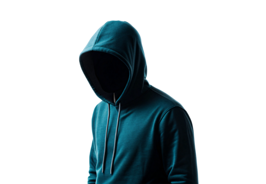 Anonymous individual in dark teal hoodie captured in moody atmospheric lighting, isolated on a transparent background