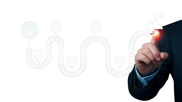 Businessman touching virtual interface of business process management isolated on white background