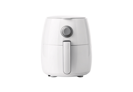 White compact air fryer with circular dial and side handle for basket, isolated on a transparent background