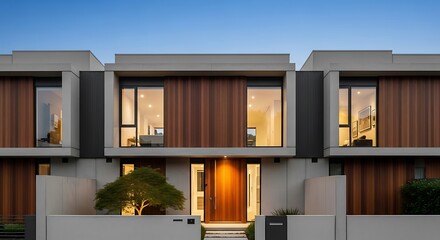Modern Townhouses with Warm Interior Lighting at Dusk.