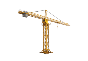 Tower crane different angle construction site equipment yellow lattice boom industrial lifting apparatus slewing, isolated on a transparent background