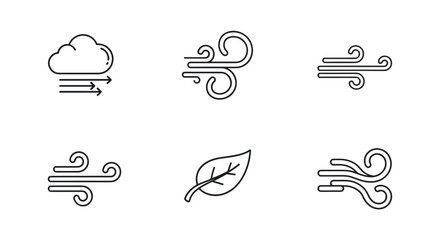 Collection of six line art icons representing wind and air flow, including a cloud with directional arrows, various swirling wind symbols, and a single leaf indicating a gentle breeze, all isolated