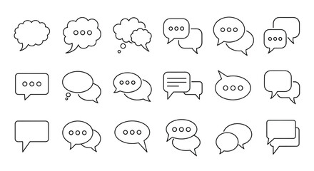 Collection of diverse speech bubble icons in outline style, representing conversation, dialogue, and communication. Includes various shapes like rounded, rectangular, and cloud-like bubbles with