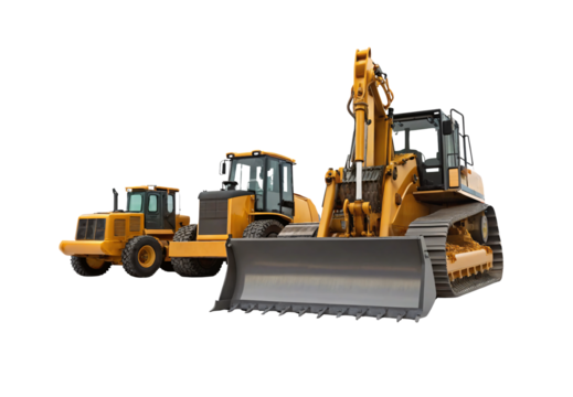 Construction machinery vehicles bulldozer excavator loader grader, heavy equipment fleet yellow industrial earthmoving machines, isolated on a transparent background