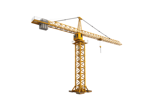 Tower crane different angle construction site equipment yellow lattice boom industrial lifting apparatus slewing, isolated on a transparent background