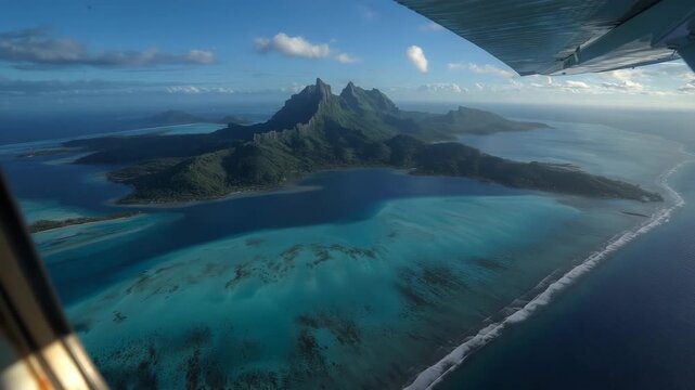 Time-lapse from airplane window flying above Bora Bora. The turquoise lagoon shimmers in sunlight, coral reefs glow beneath clear water, and clouds drift quickly across the tropical sky.