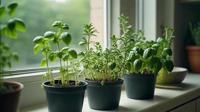Assortment of fresh culinary herbs growing in small pots on a bright kitchen windowsill