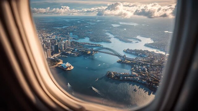 Time-lapse from airplane window flying above Sydney Harbour. The Opera House and Harbour Bridge gleam under sunlight as clouds drift across the blue sky and reflections move on the water.