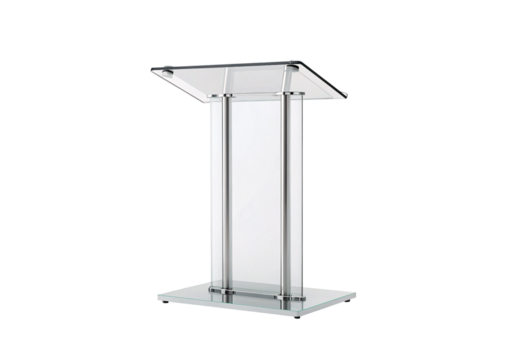 Modern clear acrylic podium, chrome posts and glass base, professional presentation stand, isolated on a transparent background
