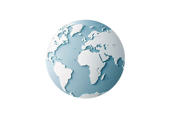 Naklejka premium Paper-cut globe displaying Atlantic view, continents raised in white, oceans in gradient blue shading, isolated on a transparent background