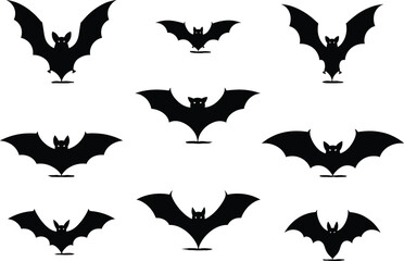 Set of flying bat silhouettes in various wing positions, black vector illustration for Halloween decoration, spooky night theme, horror and wildlife design
