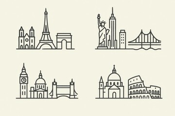 Obraz premium Iconic Landmarks Represented Through Minimalist Line Art Style Featuring Global Architectural Wonders Celebrating World Heritage Traveling Adventure captured with clarity
