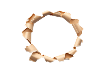 Ripped brown paper creating oval opening with irregular torn edges and natural texture, isolated on a transparent background