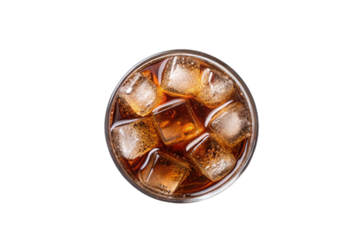 Glass filled with carbonated cola drink and ice cubes creating refreshing beverage appearance, isolated on a transparent background