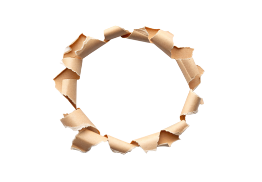 Ripped brown paper creating oval opening with irregular torn edges and natural texture, isolated on a transparent background