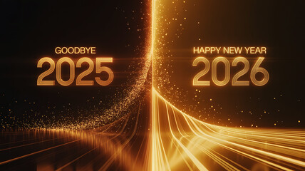 Goodbye 2025 and Happy New Year 2026 Celebration with Golden Text, Sparkling Light Streaks, Futuristic Split Design, Radiant Background, and Festive Typography for Year-End Greetings.