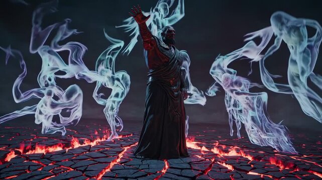 A cinematic, low-angle view of a rocky canyon under a dramatic red sky, creating a mysterious atmosphere perfect for a fantasy video setting.