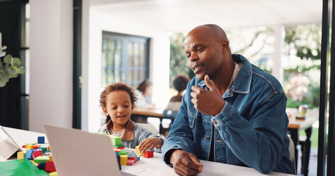 Father, remote work and boy with video call, multitasking or building blocks with talk at home. African people, dad and child with laptop, virtual meeting and consultation on web at family house