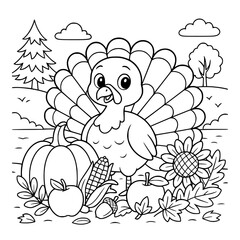 Fototapeta premium Fun Thanksgiving coloring pages for kids in grades 1–3! Features cute turkeys, food, and festive fall scenes. Perfect for classroom worksheets, homeschool, and autumn craft activities.