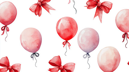 A seamless pattern featuring watercolor balloons and bows in shades of red and pink on a white background