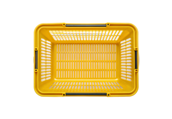 Yellow plastic shopping basket with black handles featuring grid ventilation system, isolated on a transparent background