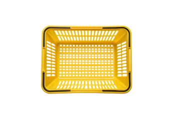 Yellow plastic shopping basket aerial view showing geometric perforation pattern throughout, isolated on a transparent background