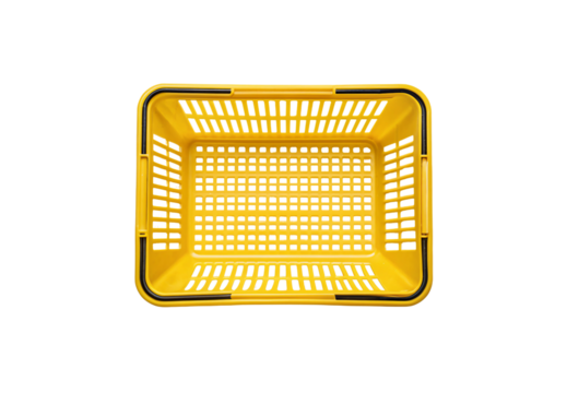 Yellow plastic shopping basket aerial view showing geometric perforation pattern throughout, isolated on a transparent background